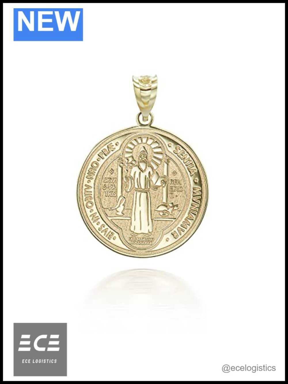 14K Yellow Gold St Benedict Medal Pendant Necklace Rolo Chain